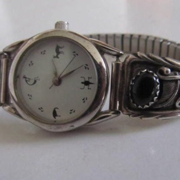 Navajo Watch Black Onyx Watch Bracelet Sterling Silver RB Southwestern Watch - Picture 2 of 4